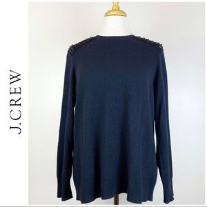 J. Crew Cashmere Navy Blue Beaded Shoulder Pullover, L